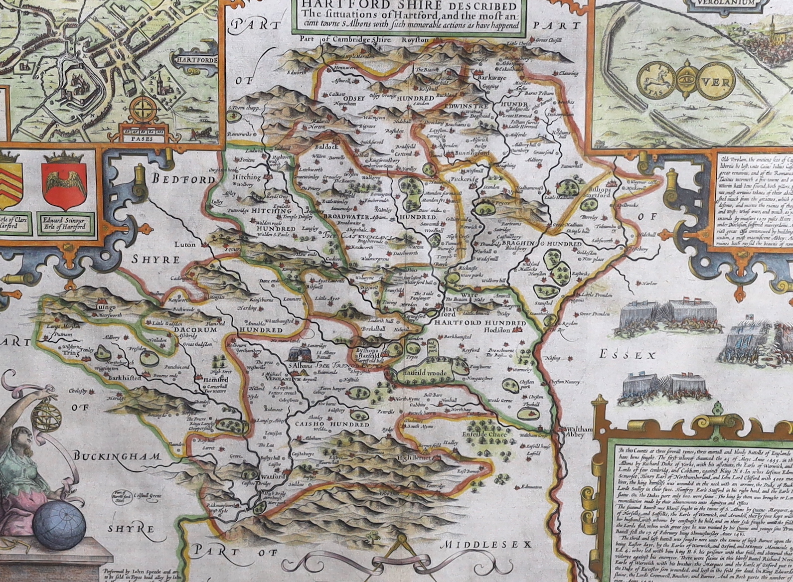 John Speed (1552-1629) hand coloured map of Hertfordshire, sold by John Sudbury and George Humble, text verso, 40 x 53cm